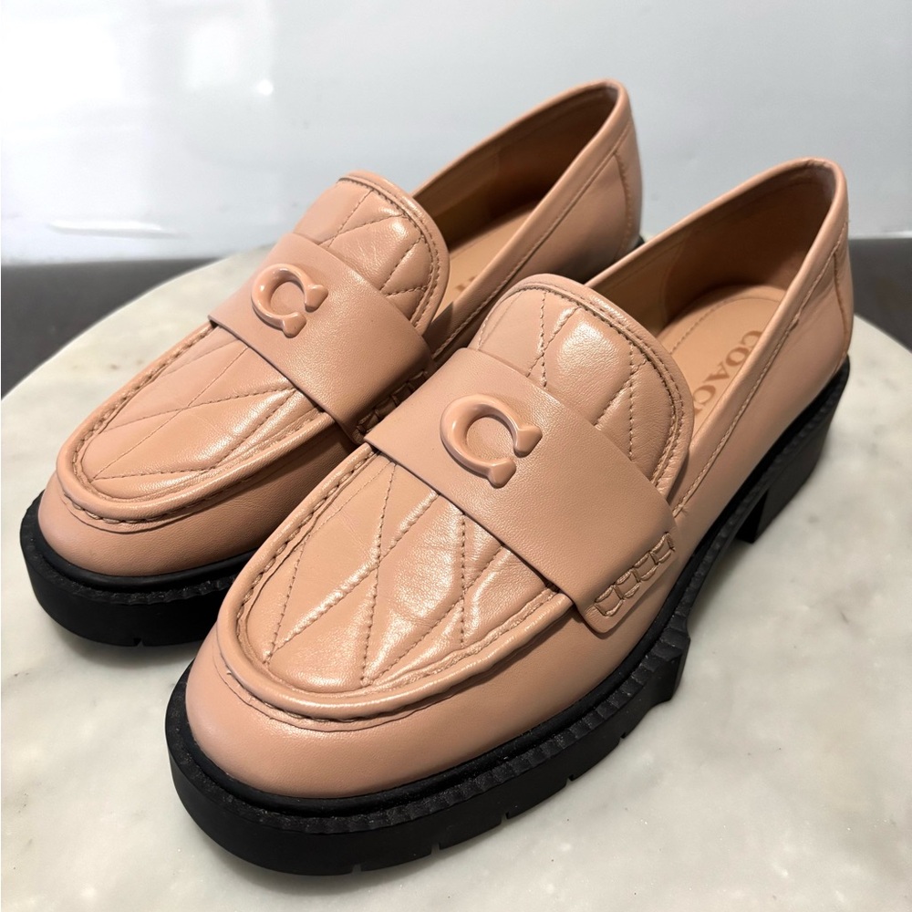 COACH Leah Leather Platform Loafers Womens 8 Lug Sole Blush Pink Slip On Shoes - Picture 2 of 7